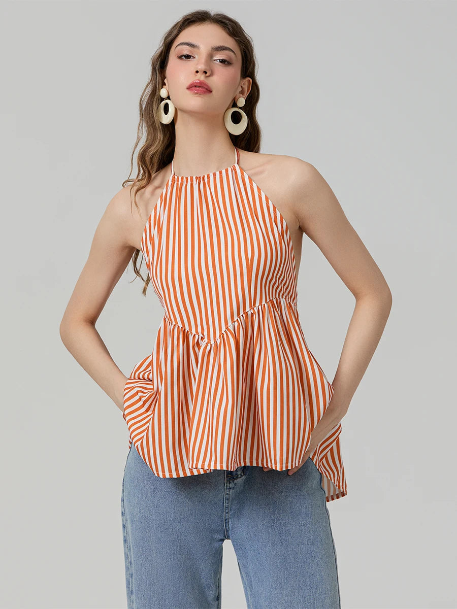 Striped Halter Peplum Top - Front View